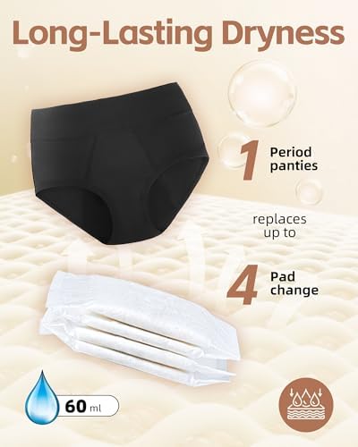 Period Underwear for Women Heavy Flow 60ml - High Waist Long Staple Combed Cotton Leak Proof Menstrual Panties 3 Pack