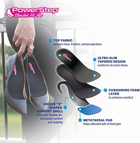 Powerstep SlenderFit Insoles - 3/4 Length, Neutral Arch Support Insoles for Women's Fashion Shoes, Heels and Boots, Low Profile Design, Odor Control, Ball of Foot Cushioning (Black & Khaki)