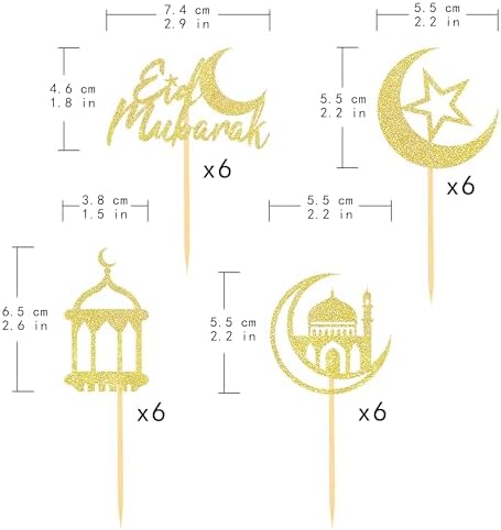24 Pcs Gold Eid Mubarak Cupcake Toppers, Glitter Ramadan Mubarak Cupcake Picks Eid Decoration for Cake, Ramadan Decoration 2026 (Gold)