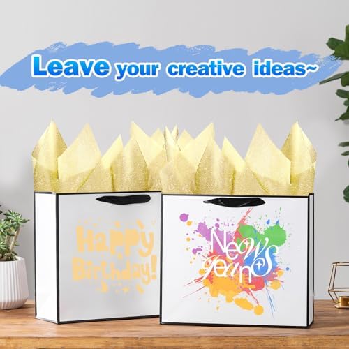 SHIPKEY 12 Pack Extra Large Gift Bags with Tissue Paper, 16x6x12 Inches White Paper Bags with Ribbon Handles, X-Large Gift Bags for Wedding, Christmas and Holidays