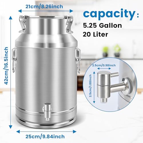 304 Stainless Steel 20 Liter Milk Can, 5.25 Gallon Wine Pail Bucket with Spigot and Sealed Lid, Heavy Duty