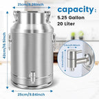 304 Stainless Steel 20 Liter Milk Can, 5.25 Gallon Wine Pail Bucket with Spigot and Sealed Lid, Heavy Duty