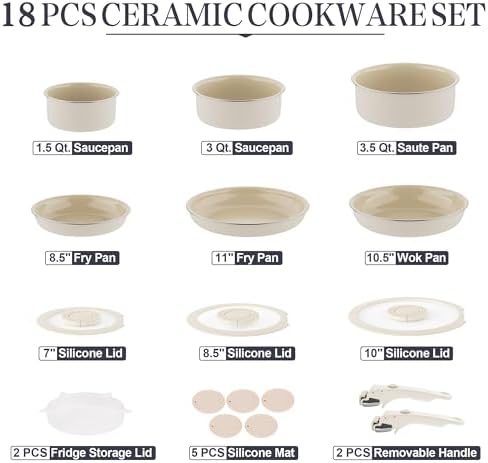 Ceramic Cookware Set - Kitchen Cookware Sets Detachable Handle Pots and Pans With Removable Handles Nonstick Frying Pans for Cooking Pot Set Nonstick Non Toxic Camping Cookware for RV Travel Gift
