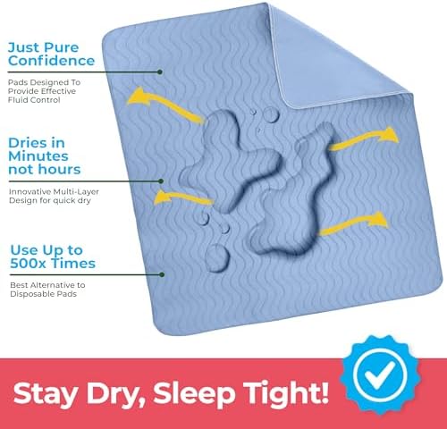 Utopia Bedding Washable Underpads 34" x 52" (Pack of 4), Waterproof Reusable Heavy Absorbency Incontinence Bed Pads for Adults, Kids, Elderly and Pets, Bedwetting Pads for Sofa and Couch (Blue)