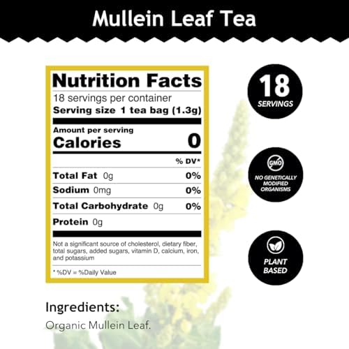 Buddha Teas - Mullein Leaf - Organic Herbal Tea - Single Ingredient - Warm Amber Hue - Mild, Earthy, Sweet Taste - Enjoy Hot or Cold - Caffeine Free - 100% Kosher & Non-GMO - 18 Tea Bags (Pack of 1)
