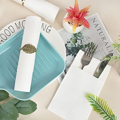 Linen-Feel White Paper Napkins, Cloth Like Dinner Napkins with Built-in Flatware Pocket, Pre-Folded Absorbent Disposable Guest Paper Hand Towels for Bathroom, Weddings Party (50 Pack)