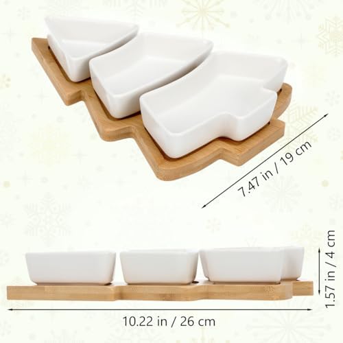DOITOOL Christmas Serving Dish Ceramic Christmas Tree Platter with Wooden Base Xmas Serving Tray for Appetizer Candy Dessert Nuts Fruit Snack 10.6 x 7.5 Inch