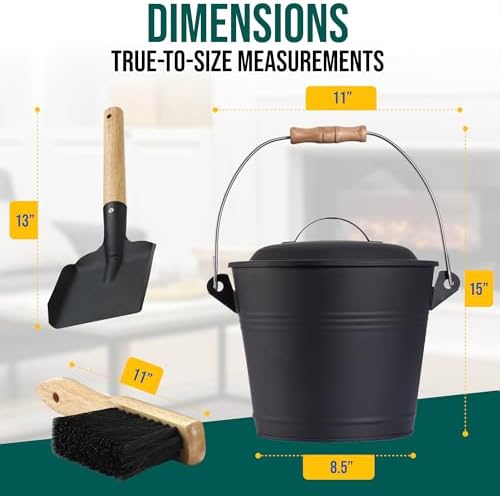 Smedley & York Mini Ash Bucket with Lid, Includes Fireplace Tools, Pail, Shovel and Broom, 1.5 Gallon Charcoal Metal Bucket with Lid, Coal Bucket and Ash Can, Galvanized Iron Ash Bucket for Fireplace