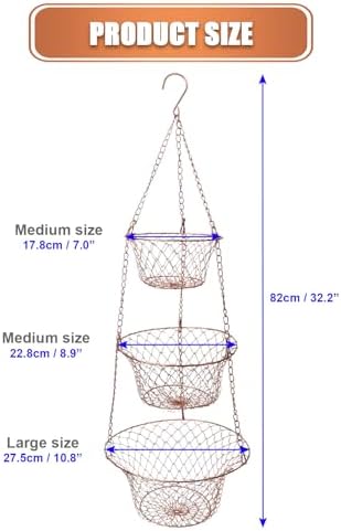 Hanging Fruit Basket – 3 Tier Hanging Baskets for Kitchen – Heavy Duty Wire Fruit and Vegetable Basket with Hooks, Copper Finish 32 Inches Kitchen Organizer, Storage Rack, Durable Iron