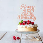 Rose Gold Glitter Happy 15th Birthday Cake Topper - Hello 15, Cheers to 15 Years, 15 & Fabulous, 15th Birthday/Anniversary Party Decorations