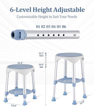 Shower Stool with Storage Tray, Height Adjustable Rotating Shower Chair for Seniors and Adults, 360° Swivel Tub Transfer Bench for Bathroom and Inside Shower (Blue)