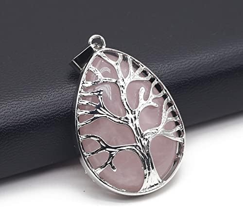 QSLLER 5PC Natural Pendant Life Tree Opal Rose Quartz Agate Tiger Eye Healing Crystal Charms for Jewelry Making DIY Necklaces