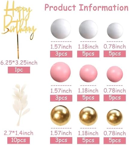 Pink Balls Cake Topper Boho Grass Cake Topper Pink White Gold Pearl Balls Happy Birthday Cake Decorations for Wedding Birthday Boho Themed Supplies (Pink)