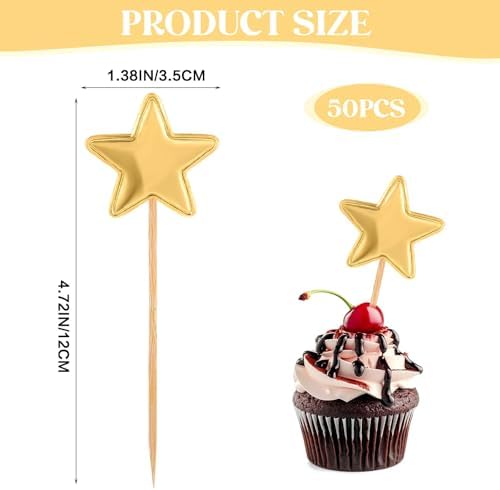Thinp 50 Pcs Gold Star Cupcake Toppers,Stars for Cake Decorating Star Cake Toppers Gold Cupcake Toppers Sticks for Wedding Engagement Bridal Shower Birthday Party