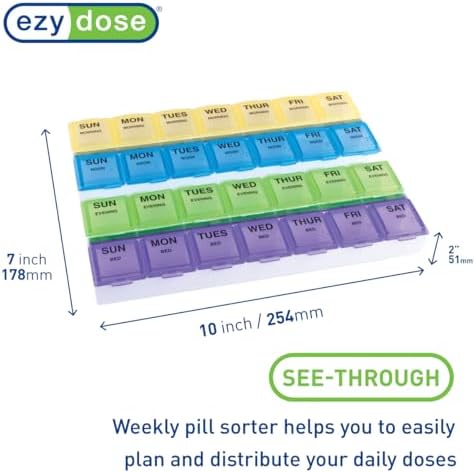 EZY DOSE Weekly (7-Day) Daily Medtime Pill Case, Medicine Planner, Vitamin Organizer, Supplement and Fish Oil Container, Large Compartments with Rounded Base, 4 Times a Day, Colored Lids, BPA Free