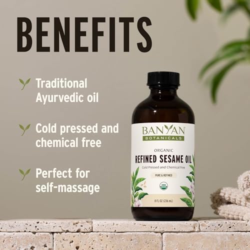 Banyan Botanicals Organic Refined Sesame Oil – Premium Ayurvedic Massage Oil for Body & Skin – Light & Mild Scented Warming Oil for Abhyanga Self-Massage – 16 oz – USDA Organic