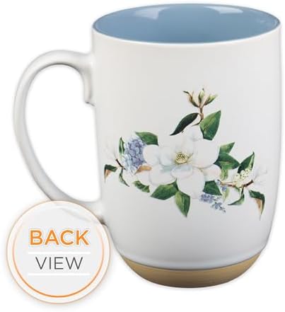 Christian Art Gifts Large Ceramic Clay Base Inspirational Coffee & Tea Scripture Mug for Women: Strength & Dignity Encouraging Bible Verse, Wide Handle Novelty Cup, White & Light Blue Floral, 15 oz.