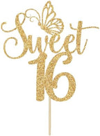 Sweet 16 Cake Topper, Happy 16th Birthday Cake Topper, Happy Sweet Sixteen Cake Decorations, 16th Birthday Party Decorations (Gold Glitter)