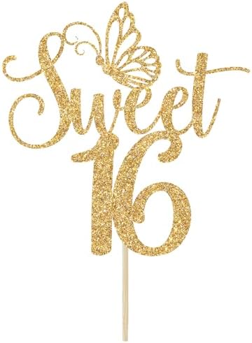 Sweet 16 Cake Topper, Happy 16th Birthday Cake Topper, Happy Sweet Sixteen Cake Decorations, 16th Birthday Party Decorations (Gold Glitter)