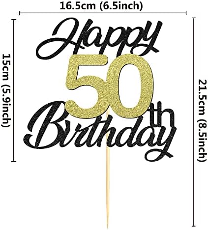 Sumerk Happy 50th Birthday Cake Toppers Black & Gold Glitter 50th Birthday Cake Decorations 50 Cake Topper for Birthday Party