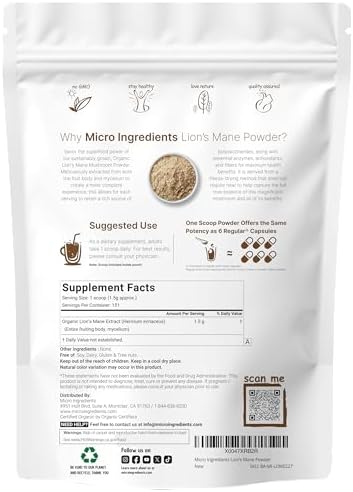 Micro Ingredients Organic Lion’s Mane Mushroom Powder, 8oz | Pure Fruiting Body Superfood | Supports Brain, Focus, Energy & Immune Health | Great for Smoothies & Coffee | Filler Free, Vegan, Non-GMO