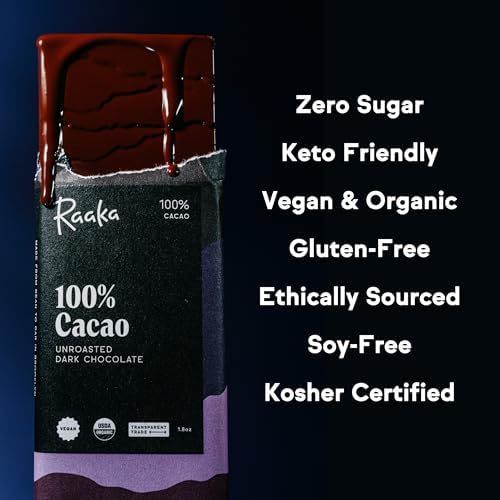 Raaka 100% Dark Chocolate Bars - Unsweetened, Bitter, Sugar Free, Pure Cacao - Organic, Vegan, Soy Free, Gluten Free, Kosher, Keto, Nut Free - 1.8oz 100% Chocolate Bars, 3-Pack