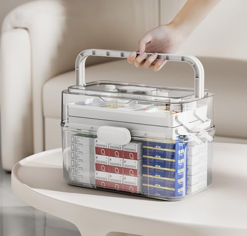 3-Tier 12 x 9 x 7 Medicine Organizer, Medicine Cabinet Organizer with Portable Pill Case, Multipurpose Plastic Box for Storage Empty First Aid Box