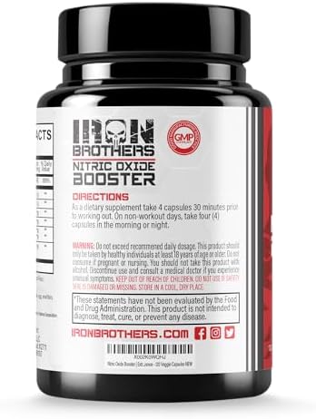 Iron Brothers Nitric Oxide Supplement for Men & Women | Pre-Workout Nitric Oxide Booster for Enhanced Muscle Pump, Blood Flow & Endurance | L-Arginine, L-Citrulline, Pine Bark Extract | 120 Vegan Caps
