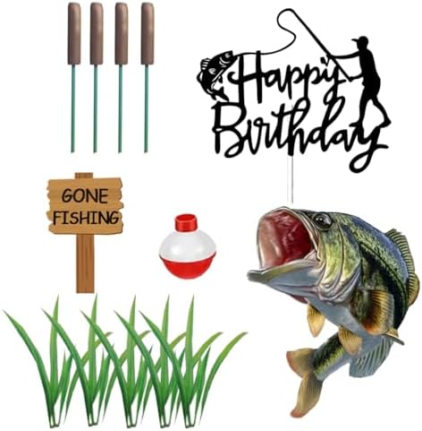 Gone Fishing Cake Topper with Largemouth Bass Sign Fisherman Happy Birthday Sign