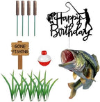 Gone Fishing Cake Topper with Largemouth Bass Sign Fisherman Happy Birthday Sign