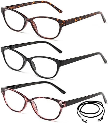 Slim Cat Eye Translucent Tortoise Shell Fashion Reading Glasses for Women 3 Pack with Lanyard