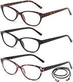 Slim Cat Eye Translucent Tortoise Shell Fashion Reading Glasses for Women 3 Pack with Lanyard