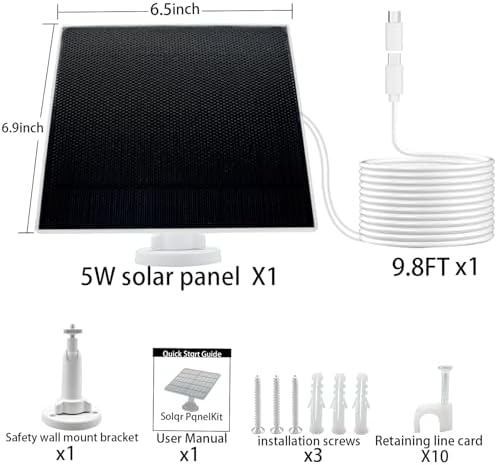 5W Solar Panel for Outdoor Cameras, 360° Adjustable Mount & 90° Rotatable Panel, IP65 Waterproof, 9.8ft USB-C Cable with Micro USB Adapter, Includes Mounting Bracket & Accessories