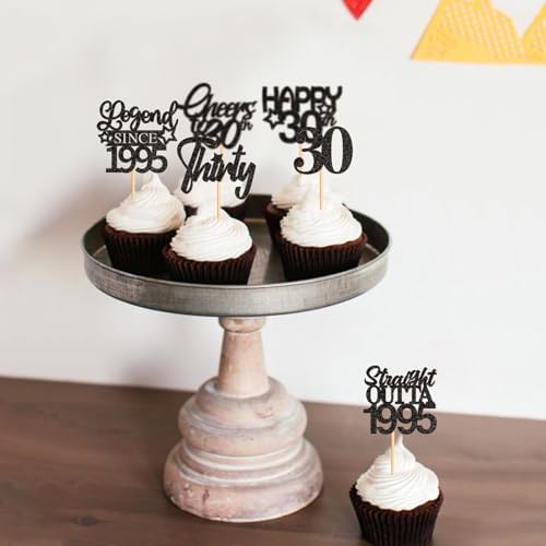 24 Pack 30th Cupcake Toppers Straight Outta 1995 Legend Since 1995 Happy 30th Cheers 30th Forty Cupcake Picks Birthday Party Decoration Supplies | Black 30