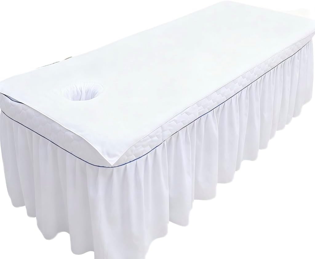 Massage Table Cover Towel with Face Cradle Hole, Premium Fitted Sheet with Locked Edges (White Full Body)