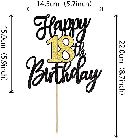 1 PCS Happy 18th Birthday Cake Topper Black Gold Glitter Cheers to 18 Years Birthday Cake Pick 18 Fabulous Cake Decoration for Happy 18th Birthday Anniversary Party Cake Decorations Supplies