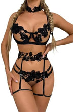 Lilosy Sexy Cute Applique Embroidered Underwire Push Up Garter Belt Chocker Lingerie Set