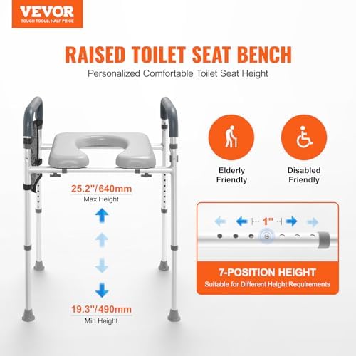 VEVOR Raised Toilet Seat, 7-Position Height Adjustment 19.3" - 25.2", 350lbs Weight Capacity, with Comfort Padded Aluminum Frame, Universal Toilet Seat Riser, for Elderly, Handicap, Pregnant, Medical