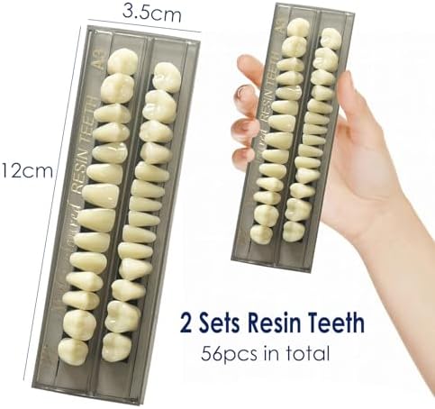 56 Pcs False Teeth Fake Teeth 2 Sets Synthetic Resin Dental Tooth, Upper Lower Denture Tooth, Party Horror Prop Makeup DIY Replacement, 22 A3