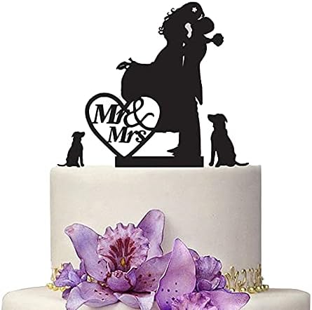 Wedding Cake Toppers Mr And Mrs With Two Pet Dogs Animal Black Color Acrylic Silhouette Wedding Party Engagement Decoration