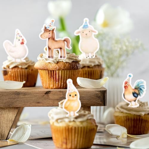 Ercadio 48 Edible Farm Cupcake Toppers Decor Picks Cute Pig Sheep Chicken Horse Party for Spring Theme Baby Shower Birthday Party Cake Picks Decorations Supplies