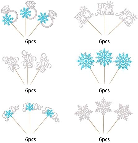 36 Pack He Asked She Said Yes Cupcake Toppers Glitter Love Heart I do Ring Snowflakes Bridal Shower Cake Food Picks Decorations for Wedding Engagement Theme Party Supplies