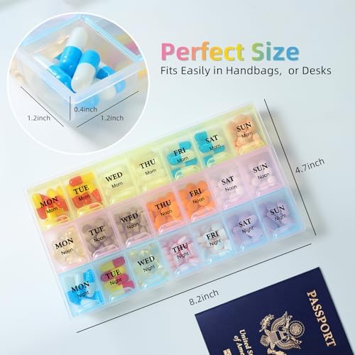 7 Day Pill Organizer 3 Times a Day, Morning noon and Night Pill Box, Weekly Pill Organizer 3 Times a Day, Travel Medicine Pill Box, 7 Day Pill Case 3X a Day, Travel Weekly Pill Case