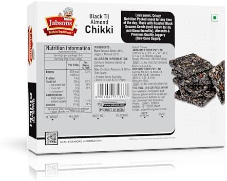 Jabsons - Black Seed Til Almond Chikki, (270g), No Artificial Colour or Preservatives