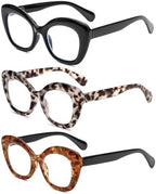 REAVEE 3 Pack Oversized Cat Eye Reading Glasses for Women men Thick Frame, Blue Light Blocking Readers Stylish Large Eyewear