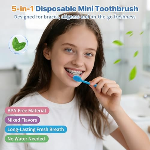 5-in-1 Disposable Toothbrush with Toothpaste (70 Pack), Mini Travel Toothbrushes with Soft Bristles, Dental Floss, Toothpick & Tongue Scraper, No Water Needed, 4 Flavors