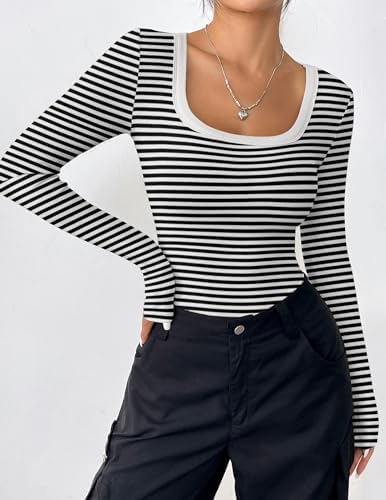 Zeagoo Women's Long Sleeve Scoop Neck Shirts Casual Slim Fit Rib Knit Tops Summer Fall Basic Business Work Tee