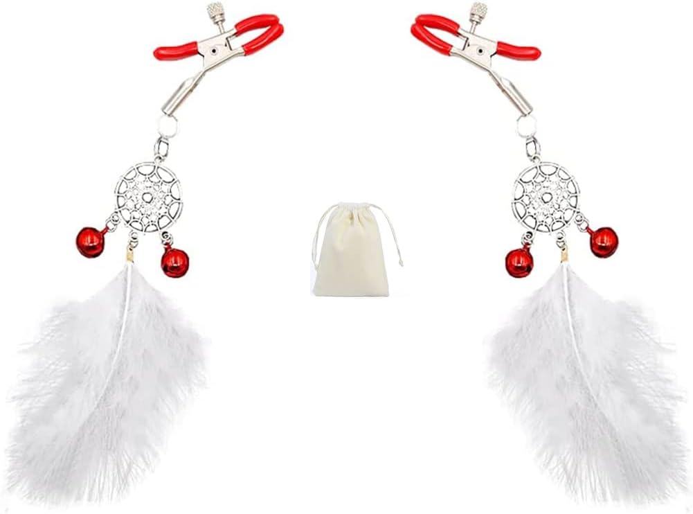Feather Tassel Nipple Clips with Bells Adjustable Non Piercing Breast Nipple Clamps Sexy Feather Dangle Nipple Body Jewelry (White)