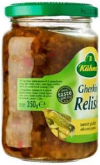 Kuhne Sweet Pickle Gherkin Relish 350g - Mustard gherkin relish with crunchy gherkin cubes and mustard. Complements meat dishes, sandwiches or hot dogs.