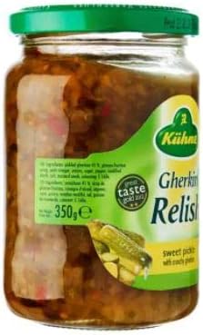 Kuhne Sweet Pickle Gherkin Relish 350g - Mustard gherkin relish with crunchy gherkin cubes and mustard. Complements meat dishes, sandwiches or hot dogs.